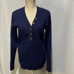 Merokeety size large Navy Button-Up Women's v neck ribbed  Sweater layer cozy‎